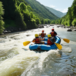 **

Action shot of people rafting down a fast-moving river, sun shining, helmets and life vests visible, lush green landscape on either side.

**