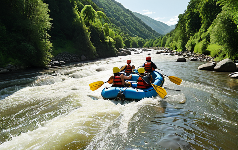 **

Action shot of people rafting down a fast-moving river, sun shining, helmets and life vests visible, lush green landscape on either side.

**
