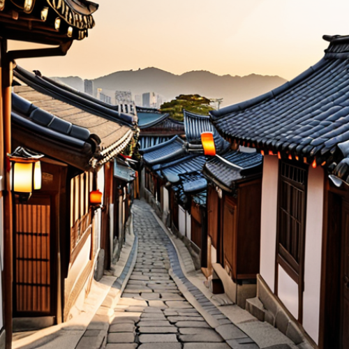 Home 14 **Image Prompt:** A picturesque view of Bukchon Hanok Village at golden hour. Focus on the traditional Korean houses (Hanoks) with their curved roofs, highlighting the architectural details and the warm light reflecting off the tiled roofs. In the foreground, include tourists wearing colorful *Hanboks*, strolling through the narrow alleyways, creating a vibrant and cultural atmosphere. Capture the essence of history and culture blended with modern tourism, creating an "Instagrammable" moment.