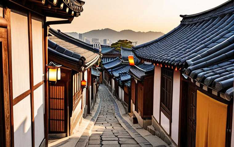 **Image Prompt:** A picturesque view of Bukchon Hanok Village at golden hour. Focus on the traditional Korean houses (Hanoks) with their curved roofs, highlighting the architectural details and the warm light reflecting off the tiled roofs. In the foreground, include tourists wearing colorful *Hanboks*, strolling through the narrow alleyways, creating a vibrant and cultural atmosphere. Capture the essence of history and culture blended with modern tourism, creating an "Instagrammable" moment.