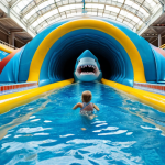 **Image Prompt:** *Aquapark Reda, interior view. Focus on the shark tunnel slide with sharks swimming around it. Include families enjoying the water park and watching the sharks.*