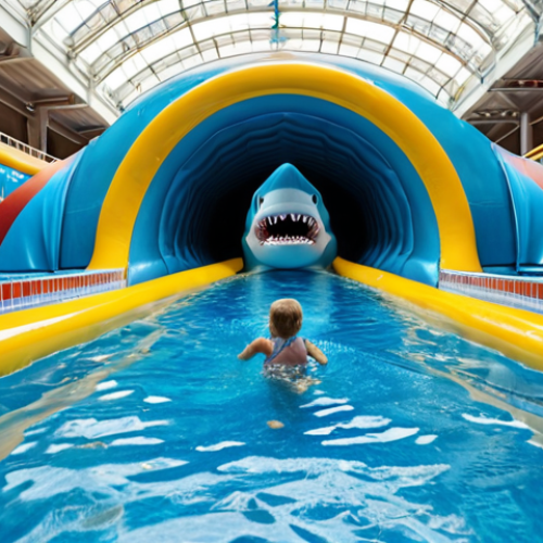 Home 7 **Image Prompt:** *Aquapark Reda, interior view. Focus on the shark tunnel slide with sharks swimming around it. Include families enjoying the water park and watching the sharks.*