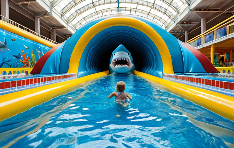 **Image Prompt:** *Aquapark Reda, interior view. Focus on the shark tunnel slide with sharks swimming around it. Include families enjoying the water park and watching the sharks.*